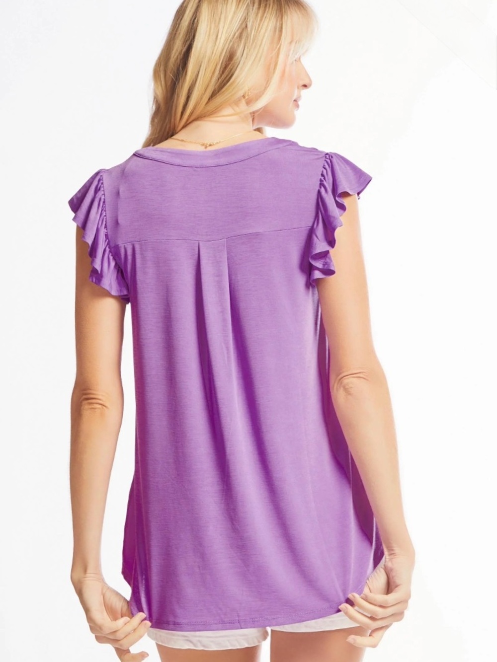 New Dear Scarlett Purple Ruffle Sleeve Lizzy Top V Neck Relaxed Fit Shirt Blouse - Picture 2 of 6